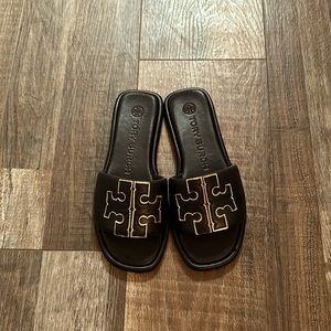 Tory Burch Double T Sport Slide Sandal, Black/Gold, Sz 5.5